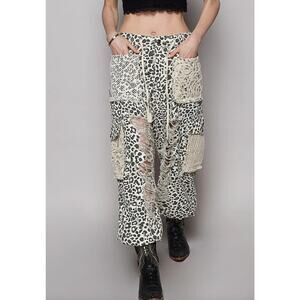 POL Leopard Patchwork Pants Crochet Lace Boho Cottagecore Drawstring Small